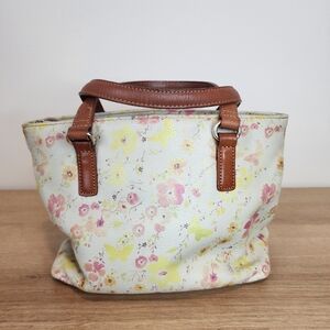 Fossil Butter Yellow and Light Pink Floral Leather Purse Double Handle Zipper